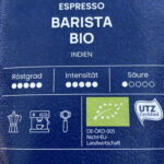 Label von Espresso Barista Bio aus Inden mit DE-Öko und UTZ Zertifikaten.